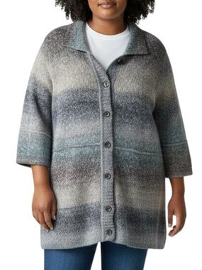 CJ BANKS Muted Gray/Blue Striped 3/4 Sleeve Driving Length Sweater Size 1X